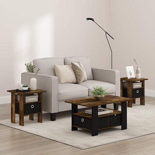Furinno Andrey Side Table, Set of 2 End Table, Night Stand with Open Shelves and Storage Bin, Bedside Table, for Living Room, Bedroom, Amber Pine