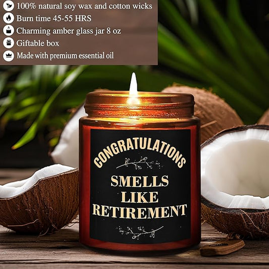 Retirement Gifts for Women, Men - Funny Retiring Candles - Christmas, Birthday, Retired Gift for Mom, Nurse, Coworker, Teacher, Friends - Tropical Coconut Natural Scented Soy Candle for Home
