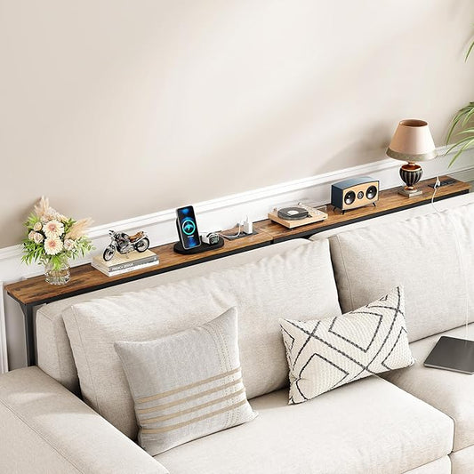 Kitstorack 2-Pack Narrow Console Table with Adjustable Height (25"-33") & 2 Power Outlets, Skinny Behind Couch Table, 78.8" Long x 5.9" Wide Sofa Side Table for Living Room, Rustic Brown | 2-Pack, Behind Sofa Couch