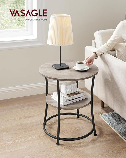 VASAGLE 21.7-Inch Round Side Table, 2-Tier End Table, Nightstand with Steel Frame, Spacious Top, for Small Spaces, Living Room, Bedroom, Heather Greige and Ink Black ULET56BG | 2 Storage Shelves, Living Room, Bedroom, Nightstand, Small Spaces, Accent C...