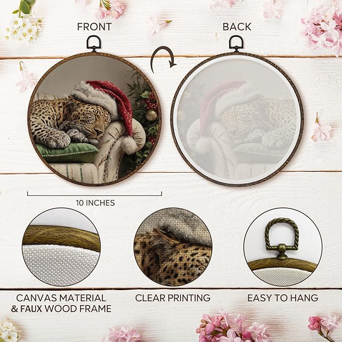 MOTERMATE Christmas Leopard Wall Art Decor Round Framed, Winter Christmas Canvas Wall Art Artwork Prints, Farmhouse Sleeping Leopard Cheetah Hanging Decor Decorations for Home Living Room, 10x10 Inch