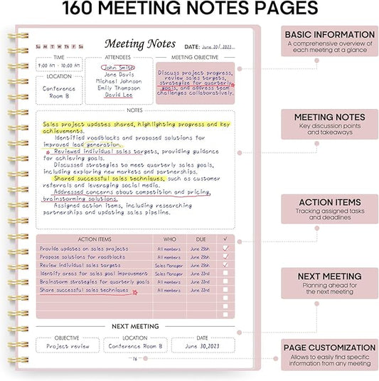 Meeting Notebook for Work Organization - Work Planner Notebook with Action Items, Agenda Planner for Note Taking, 160 Pages (6.9" X 9.9") Project Organizer for Men & Women - Pink
