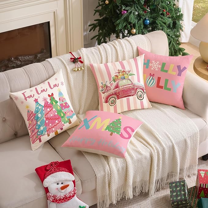 Pink Christmas Decorations Pillow Covers 18x18 Set of 4 Christmas Throw Pillow Covers, Holly Jolly FA La La Xmas Winter Holiday Linen Cushion Case for Home Sofa Couch Bed Chair Decor
