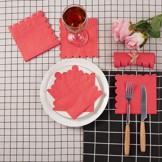 200 Pack Cocktail Napkin 2-Ply Scalloped Edged Dessert Napkins Folded 5 x 5 Inches Disposable Napkins for Dinner Wedding Birthday Party Bridal Anniversary Reception Event (Red)