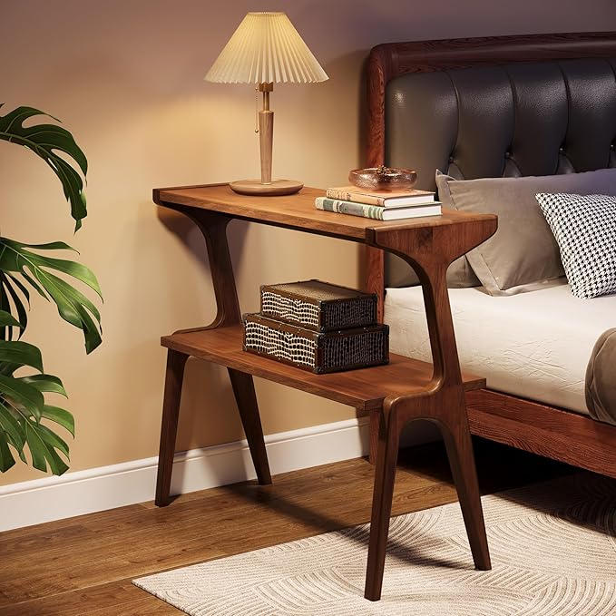Tribesigns Solid Wood End Table, Rustic Side Table for Couch, 2-Tie Farmhouse Tall End Table, Narrow Bedside Table for Bedroom, Living Room, Easy Assembly, Rustic Brown
