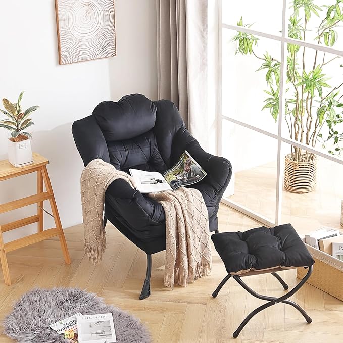 LITA Lazy Chair with Ottoman, Modern Accent Leisure Upholstered Sofa Chair, Contemporary Lounge Reading Chairs with Armrests and a Side Pocket for Living Room, Bedroom & Small Space, Black