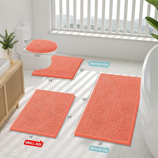 Smiry Luxury Chenille Bathroom Rugs 59x20, Extra Soft and Absorbent Shaggy Bath Mat, Machine Washable, Non-Slip Plush Carpet Runner for Tub, Shower, and Floor, Home Decor Accessories, Coral