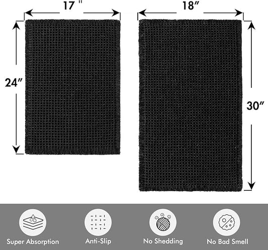 MIULEE Set of 2 Waffle Bathroom Rugs, Boho Bath Rugs Non Slip Washable, Super Absorbent Bath Mats, Ultra Soft Rubber Backed Shower Mats for Bathroom Floor, Tub, Black, 17"x24"+18"x30"