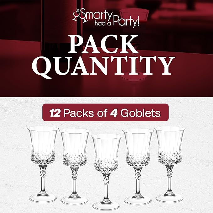 Smarty Had A Party Disposable Goblets, 48 Clear Crystal-Cut Wine High-End Plastic Glasses, 11 oz Plastic Water Goblets Bulk, Disposable Wine Glasses with Stem for Parties, Weddings and Events