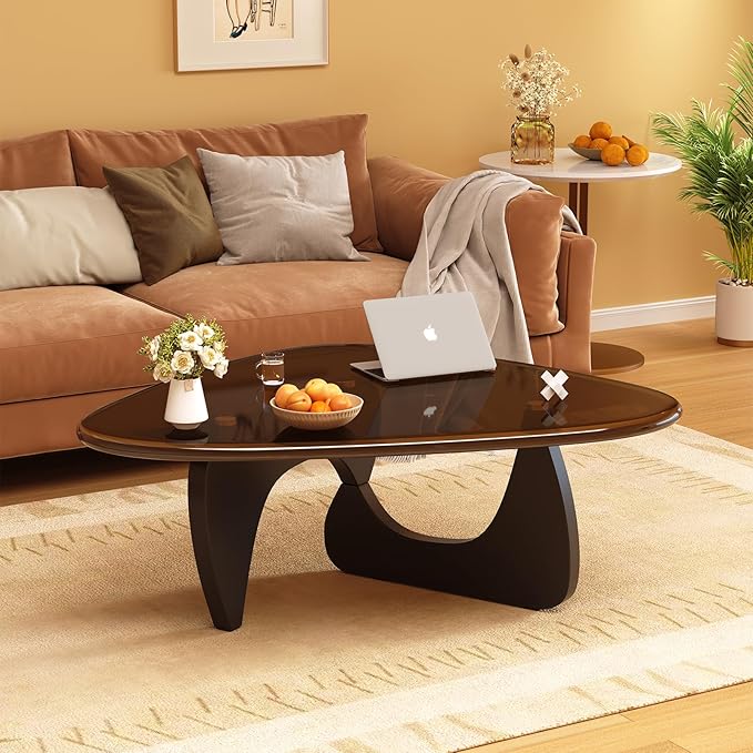 Coffee Table for Living Room Mid Century Modern Center Small Table with Glass Top and Wood, Black Brown(32 Inch)
