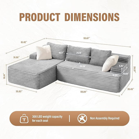 Hobestluk Modular Sectional Sofa Couches L-Shape Couch 3 Seat Modular Sofa Memory Foam Sectional Couches for Living Room, Cloud Couch with Oversized Chaise (96” Left Facing)
