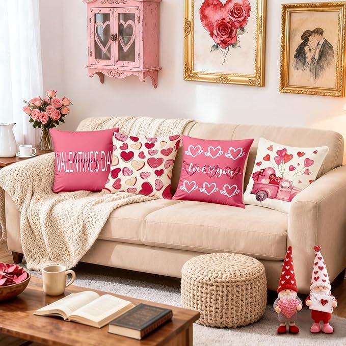 Valentines Day Decorations-Valentine Pillow Covers 18x18 Set of 4, Pink Hearts Love You Happy Valentine's Day Throw Outdoor Pillow Covers Anniversary Wedding Cushion Case for Home Sofa Couch Décor