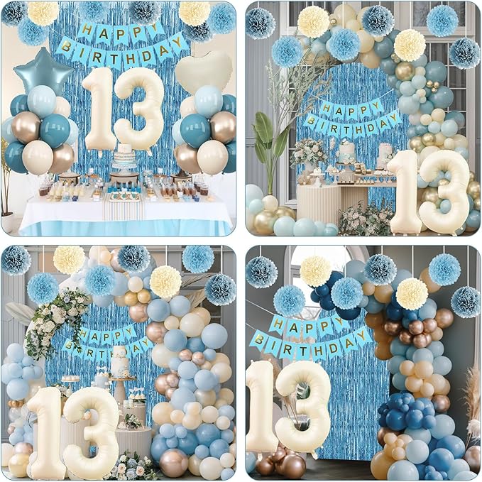 Dusty Blue 13th Birthday Party Decorations Boys Girls Beige Cream Number 13 Balloon with Blue Gold Happy Birthday Banner Fringe Curtain Paper Pom Poms Nude White Sand Champagne Star Foil Balloons