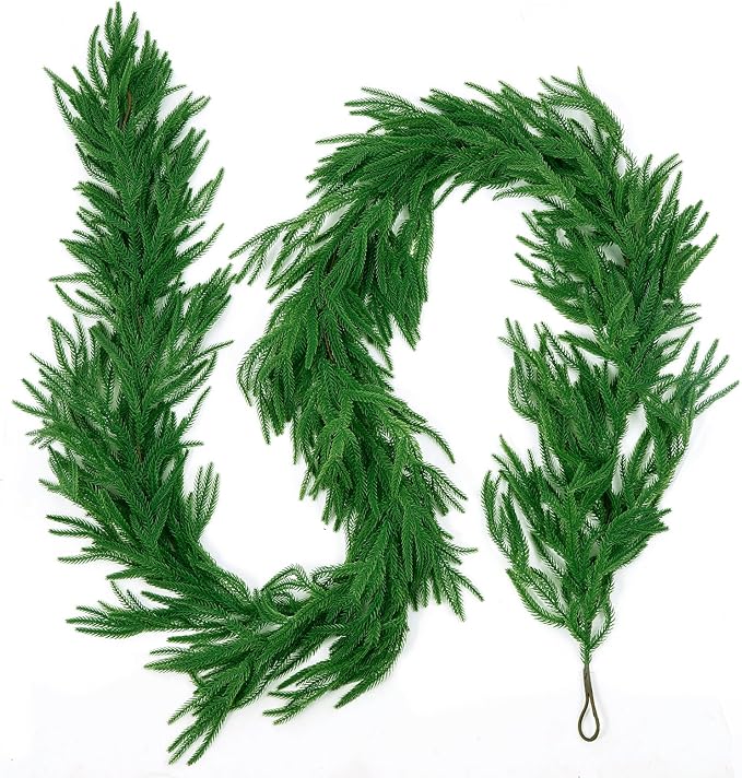 2Pcs 9 FT Artificial Norfolk Pine Garlands, Realistic Christmas Garland Thickness Real Touch Winter Greenery Garland for Table Mantle Wall Indoor Outdoor Christmas Decor