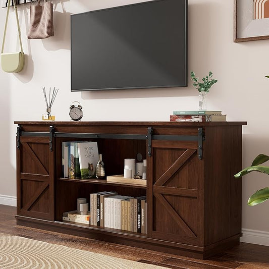 YESHOMY TV Stand for Televisions up to 65 Inches, with Sliding Barn Doors and Storage Cabinets, Console Table and Media Furniture for Living Room, 58 Inch, Espresso