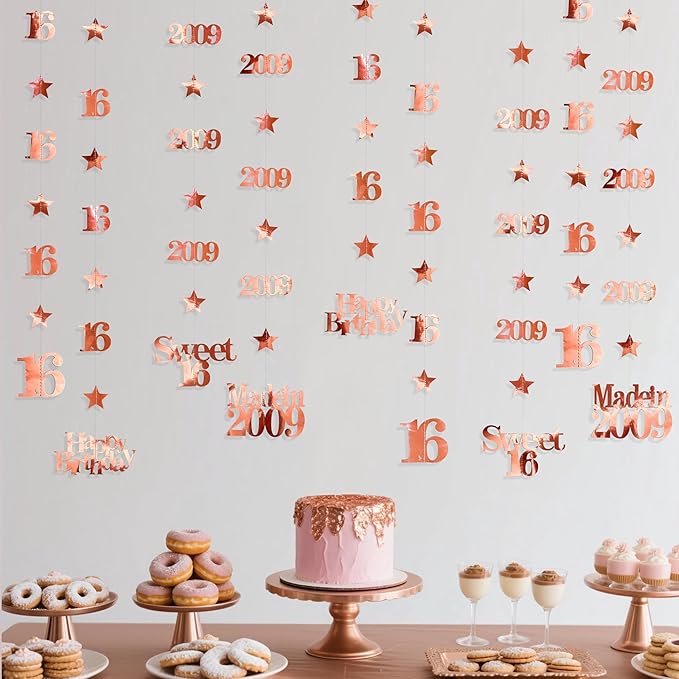 12PCS Rose Gold 16th Birthday Decorations Number 16 and 2009 Star Garland Streamer Banner Backdrop for Girls Boys Cheers to 16 Years Birthday Vintage Made in 2009 Sweet Sixteen Party Decor Supplies