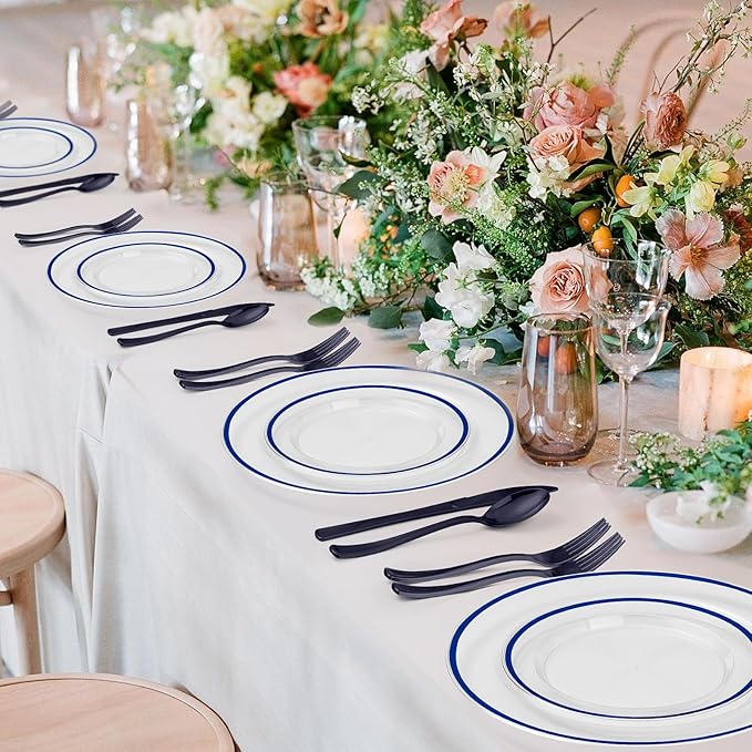 BESTSTAR 100PCS Blue and Clear Plastic Plates, Disposable Plate Set with 50 Dinner Plates and 50 Dessert Plates for Party, National Day, Memorial Day