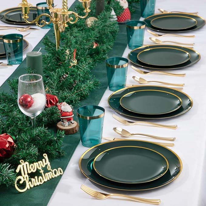 LIYH 180 Pcs Green and Gold Plastic Christmas Plates - Disposable Christmas Dinnerware sets, Green Dinner Dessert Plates, Gold Plastic Silverware Cups for Holiday, Party