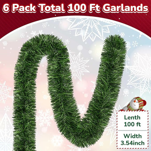100 ft Green Christmas Garland Decorations Artificial Greenery 3.5" Wide Pine Garland PVC Soft Christmas Decorations for Indoor Outdoor Tree Stair Banister Fireplaces, 6 Pcs, 16.6 ft Each