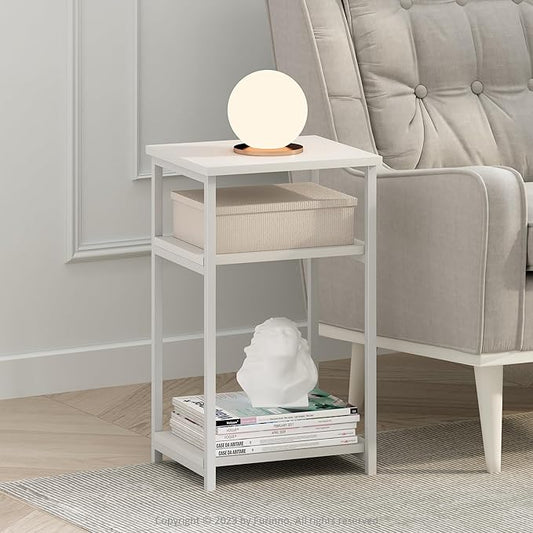 Furinno JUST Side Table, 3-Tier Metal Frame Modern End Table with Open Shelf, Night Stand, Bedside Table, for Living Room, Bedroom, White
