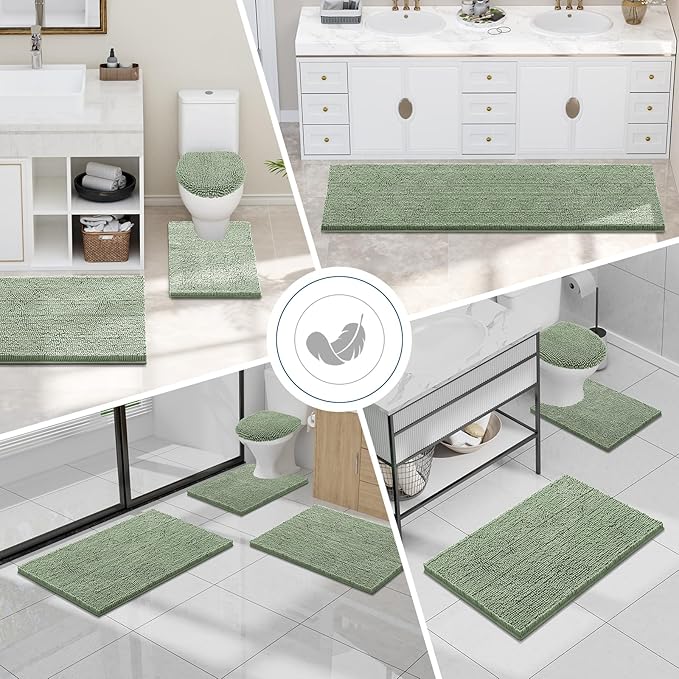 Smiry Luxury Chenille Toilet Rugs U-Shaped 24x20, Soft Absorbent Non-Slip Contour Bathroom Rugs for Toilet, Machine Washable Contoured Bath Mats, Sage Green