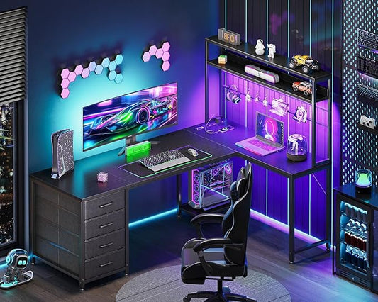 AODK L Shaped Desk Gaming Desk with LED Light & Power Outlet, 59 Inch Reversible L Shaped Computer Table with 4 Drawers for Home Office, Black
