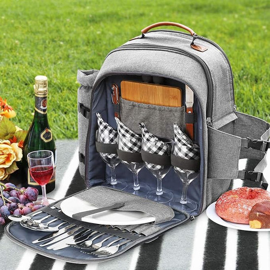 Sunflora Picnic Backpack for 4 Person with Blanket Picnic Basket Set for 2 with Insulated Cooler Wine Pouch for Family Couples (Gray)