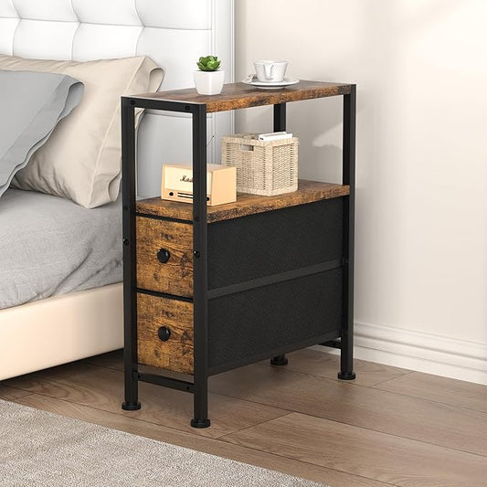Small Narrow Side Table with Drawers, Skinny End Table for Small Spaces, Slim Nightstand with Storage, sofa bedside Table in Living Room, Bedroom, Study, kitchen and Balcony (Rustic Brown)M-LBZ83B1V1