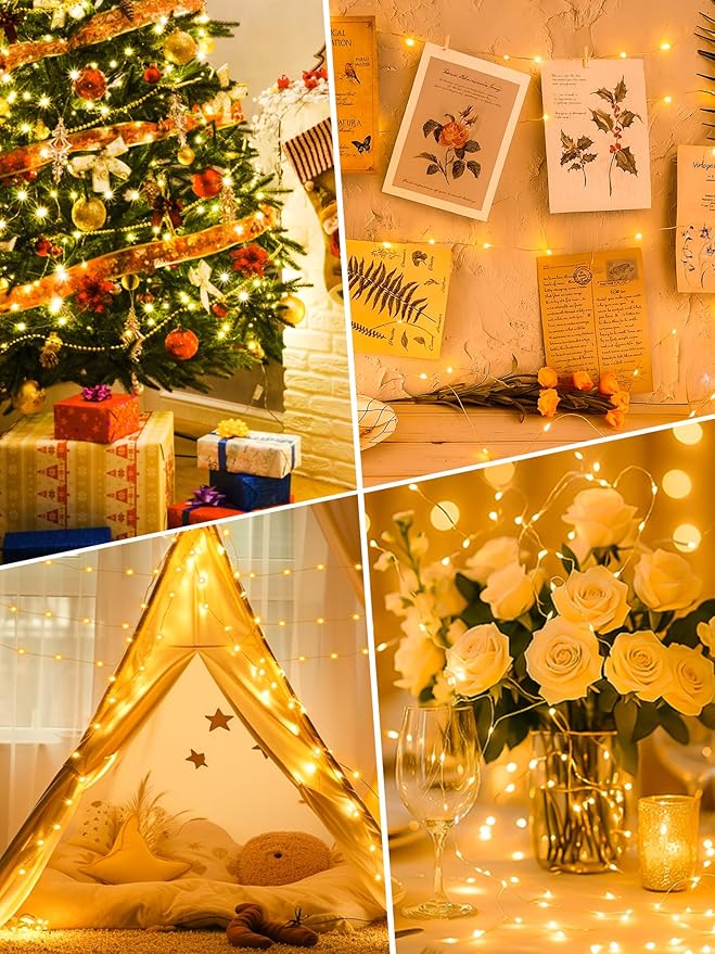 btfarm 4 Pack Fairy Lights Battery Operated with Timer, 16.4 FT 50 LED Silver Wire Twinkle String Lights 8 Modes Dimmable Waterproof for Indoor Christmas Bedroom Wedding Decorations, Warm White