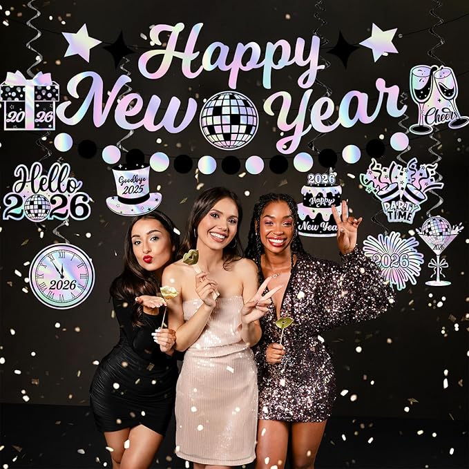Iridescent New Years Decorations, Disco New Years Party Decorations 2026 includes Iridescent Happy New Year Banner and Disco Hanging Swirls, New Year Hanging Swirls for Indoor Outdoor Classroom Office