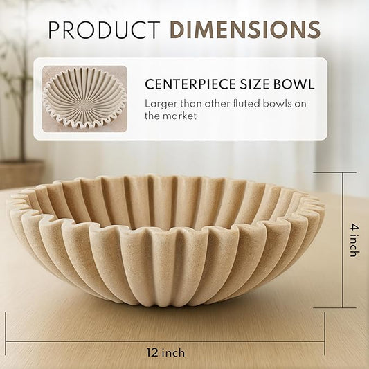 12" Extra Large Decorative Bowl – Modern Handmade Bowls for Home Decor, Decorative Fruit Bowl for Kitchen Counter, Ruffle Decor, Stylish Key Bowl for Entryway Table, Beige Artificial Stone