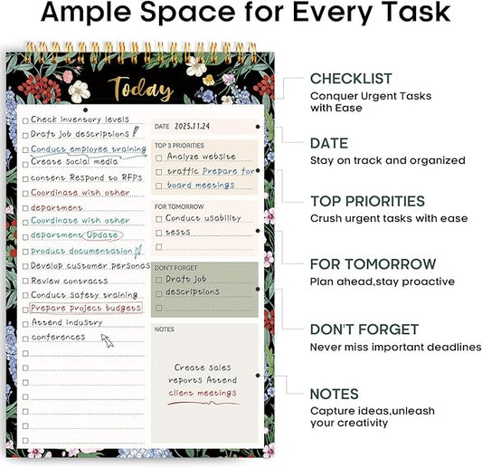 Taja To Do List Notepad - To Do List Notebook for Work with 52 Sheets, 9.8" x 6.5", Undated Daily Planner Perfect for Daily Tasks and Goal Setting, Notepad Suitable for Office, Home & School - Forest Bloom