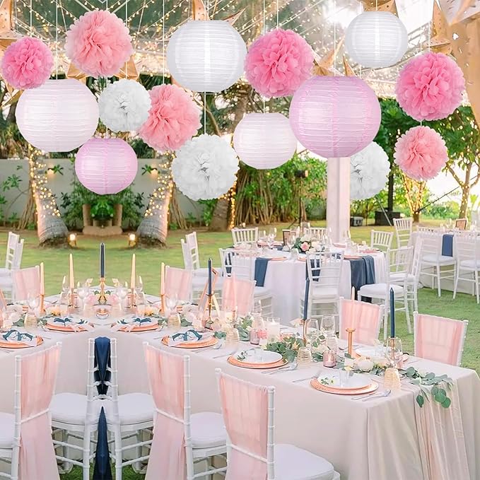 KAXIXI Hanging Party pom pom Set, 15pcs Pink White Paper Flowers Pom Poms Balls and Paper Lanterns for Wedding Birthday Bridal Baby Shower Graduation, LanternPomPom012