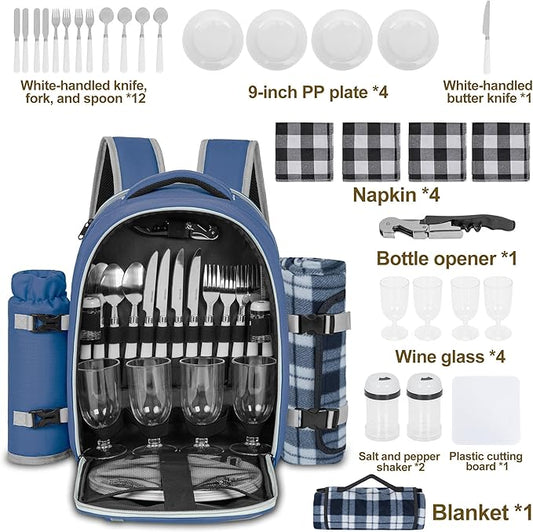 Picnic Backpack for 4 Persons with Insulated Leakproof Cooler Compartment, Cutlery Sets, Wine Holder, Fleece Blanket, Wedding Gifts for Couples, Perfect for Beach, Camping, Hiking, Blue