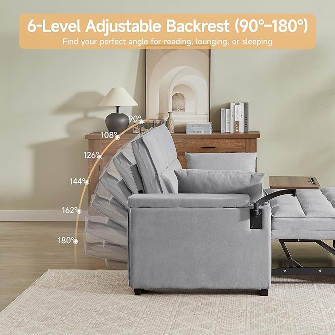 66" Multi-Functional Pull-Out Sofa Bed with Hidden Side Table, Storage Armrests, Built-in Charging Port, Spring Mattress, Solid Wood Frame – Ideal for Small Spaces, Easy Assembly