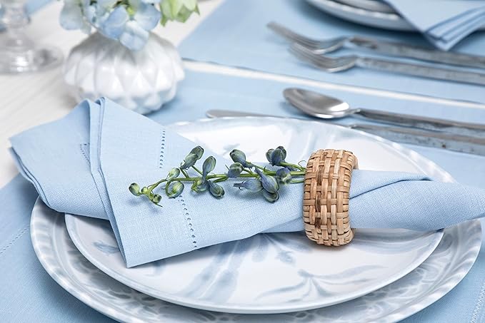 Solino Home Sky Blue Linen Napkins Set of 4-100% Pure Linen Hemstitch Dinner Napkins 20 x 20 Inch for Holiday, Christmas, New Year - Classic Hemstitch