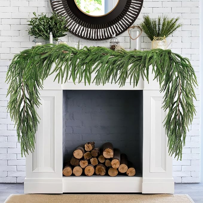 2 Pack Christmas Garland Table Garland Real Touch Norfolk Pine Garland, 12ft Artificial Faux Greenery Garlands for Wedding Mantle Indoor Home Decor Xmas Holiday Seasonal