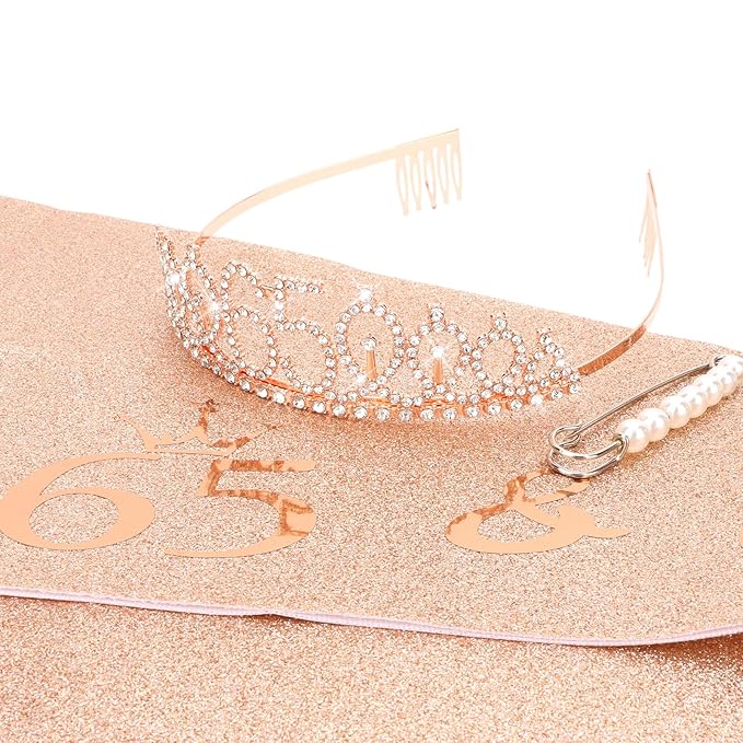 CIEHER 65th Birthday Gift Set for Friends - Crown, Sash, and Pearl Pin for Women, Birthday Party Decorations and Supplies