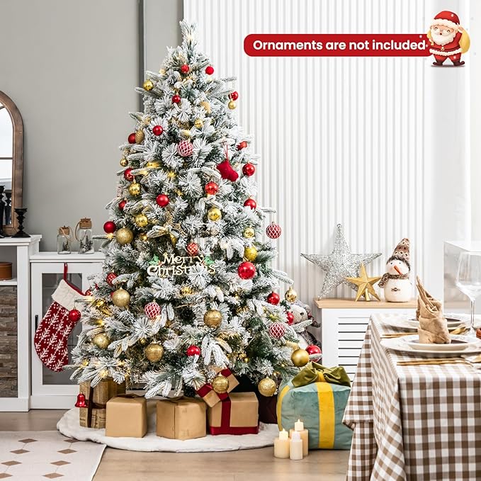 GOFLAME 6 FT Pre-Lit Christmas Tree with Pine Needles, Snow Flocked Christmas Tree with 250 Warm White LED Lights & 752 Mixed Branch Tips, Hinged Xmas Decoration Tree for Home, Office, Carnival