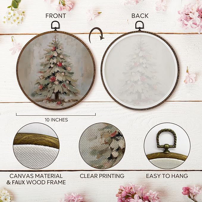 MOTERMATE Vintage Christmas Tree Wall Art Decor Round Framed, Christmas Canvas Wall Art Artwork Prints, Winter Xmas Tree Holiday Hanging Decor Decorations for Home Bedroom Living Room, 10x10 Inch