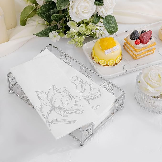 50 Pack Silver Magnolia Napkins - Silver Floral Disposable Napkins - Cloth-Like Feel Dinner Paper - Vintage Heavy Duty Hand Towels for Bathroom Wedding Holiday Party Bridal Decorative Towels