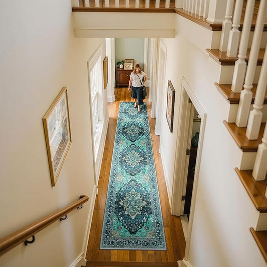 Area Rugs 2'x10' Runner Rug Non Slip Washable for Kitchen Hallway Bedroom Beside Laundry Room Bathroom Rug, Floor Carpet, Teal Green Lake Blue Turquoise