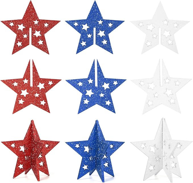 COCHIE 6 Inch Labor Day Decorations Wooden Stars Set, 3D Glitter Star Memorial Day Tiered Tray Decor, 4th of July Red White Blue Patriotic Decoration for Home Table Desk Door Shelf (Cutout, Set of 3)