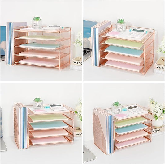OPNICE 5-Tier Paper Organizer with Magazine Holder, Desk Organizers and Accessories, Office Desk Accessories & Workspace Organizers, Desktop File Organizer for Office Supplies Storage, Rose Gold