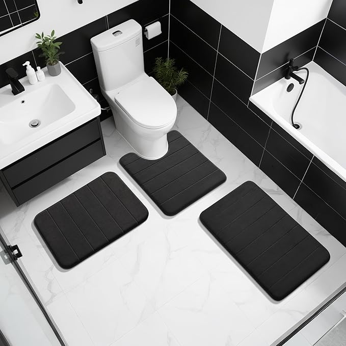 Yimobra Memory Foam Bath Mat, Super Soft Absorbent Bathroom Rug Non Slip 31.5x20 Inch, Quick Dry, Machine Washable Floor Carpet for Tub Shower, Home Decor Accessories, Black