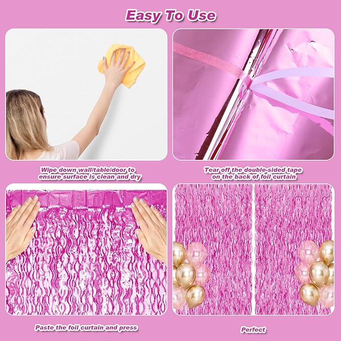 2 Pack 3.2x6.5 Feet Wavy Pink Foil Fringe Backdrop Curtains, Tinsel Streamers Princess Party Decorations Photo Booth Props for Birthday Baby Shower Bachelorette Euphoria Theme Party Supplies