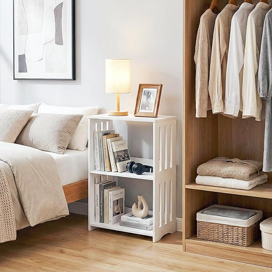 3-Tier End Table Nightstand White, Narrow Side Table with Storage Shelf, Small Bookshelf Bedside Table for Bedroom, Living Room, Office, Bathroom