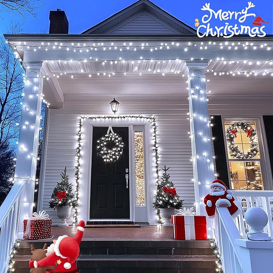 JMEXSUSS 200 LED White Christmas Lights Outdoor, 66ft Connectable Christmas Tree Lights Indoor Green Wire, 8 Modes Waterproof Twinkle String Lights Plug in for Wedding Party Xmas Decorations