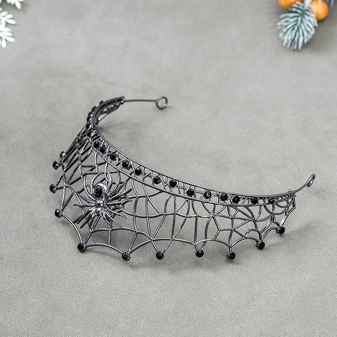 Gothic Black Spider Web Crown for Women Dark Queen Crystal Tiara Metal Headpiece Vampire Cosplay Masquerade Party Prom Night Witch Sorceress Costume Accessory