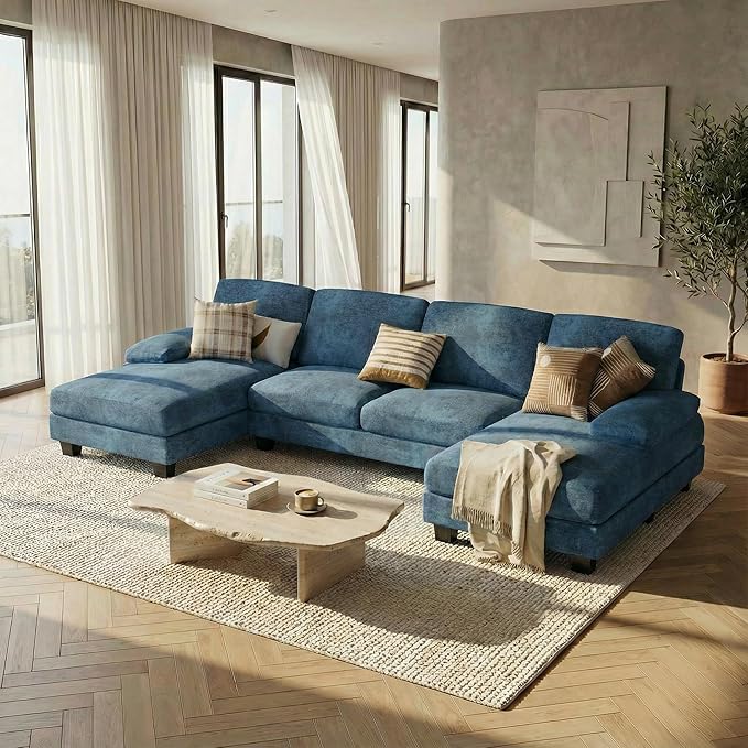 Homall Modular Sectional U Shaped Sofa Couches for Living Room, Comfy Chenille 4 Seat Sofa Set with Removable Pillows, Lounge Chaise Upholstered Couch for Apartment (Chenille, Light Blue)